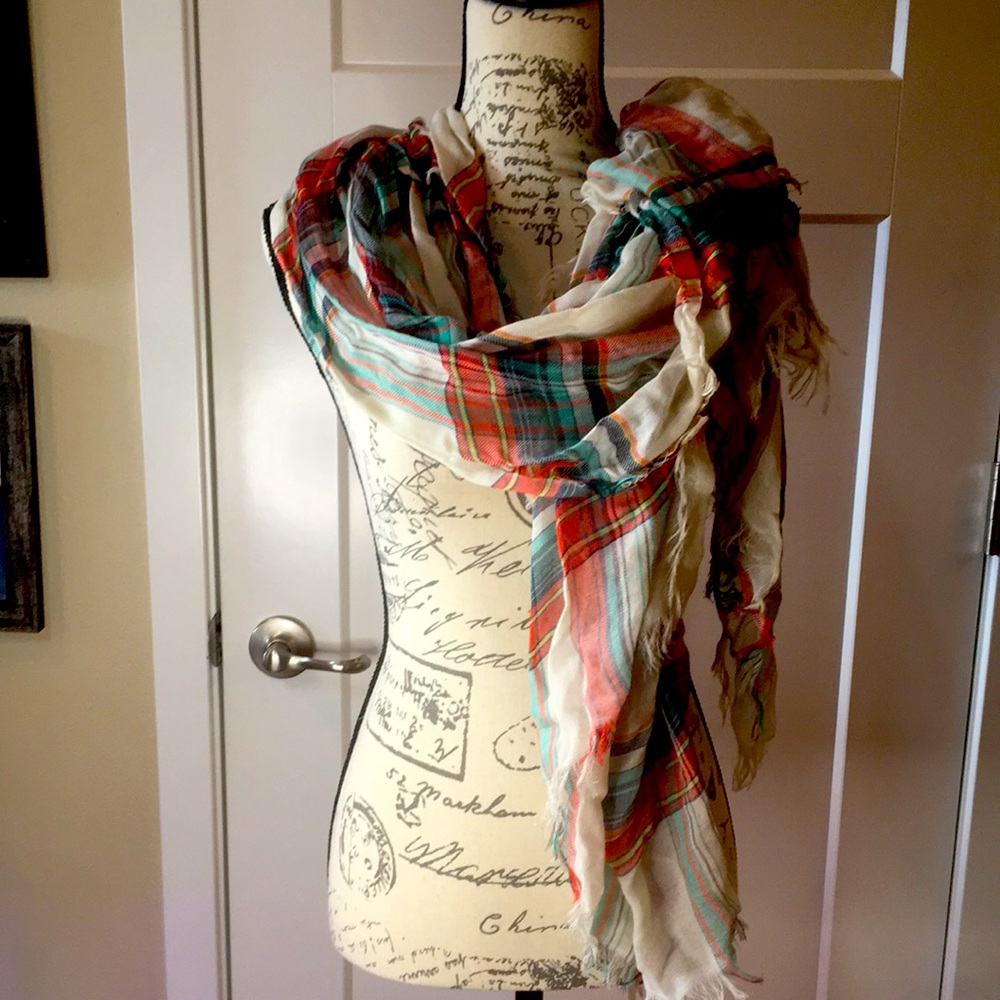Cream and plaid striped blanket scarf